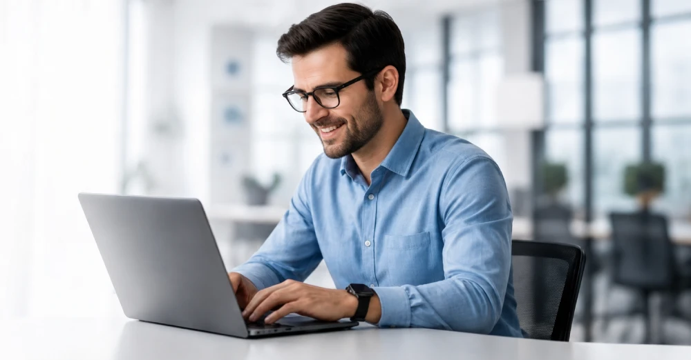Business professional working with technology data on a laptop