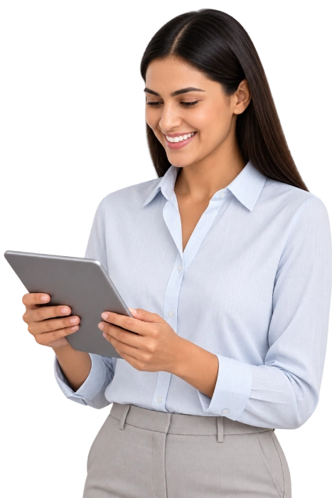 Professional reviewing business data on a tablet