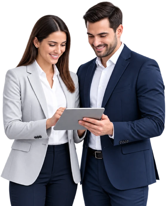 Business professionals reviewing technology data